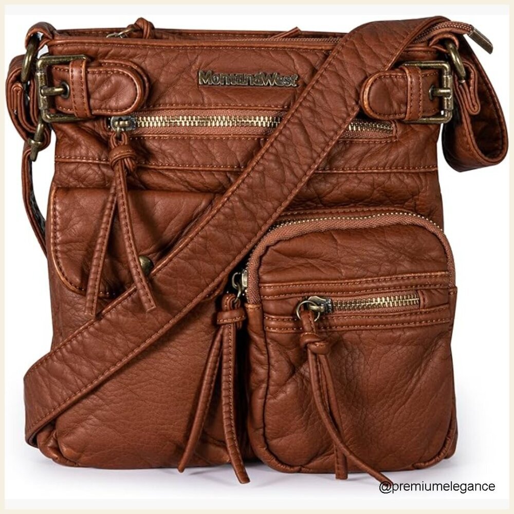 Vegan Leather Crossbody Bag with 9 Pockets Adjustable Strap 10x10 Inches